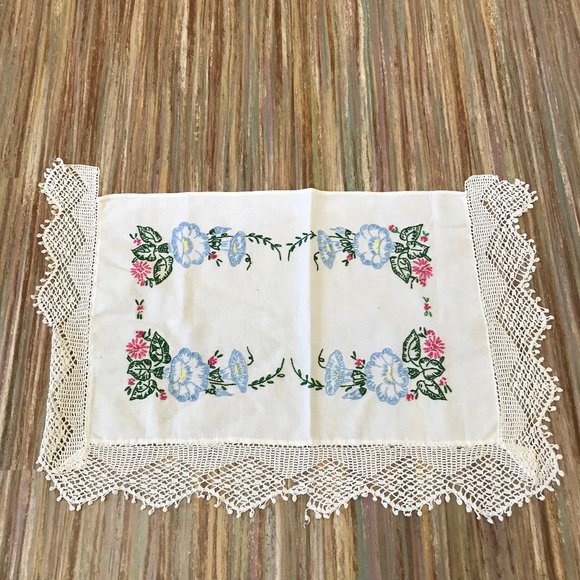 Hand Embroidered White Cotton Vanity Dresser Table Mat Crochet Trim Blue Floral - Picture 1 of 4